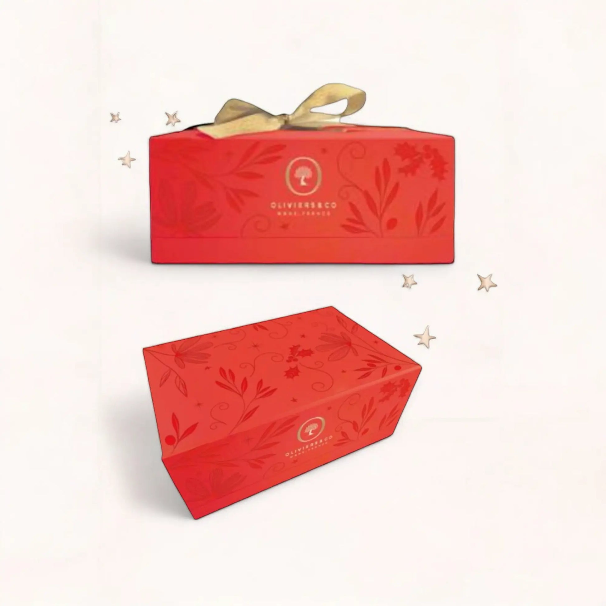 Elegante Olivenöl Essig Geschenk Box BEST für Weihnachten von Oliviers & Co, präsentiert in einer festlichen roten Verpackung mit fünf hochwertigen Fläschchen Olivenöl und Essig.